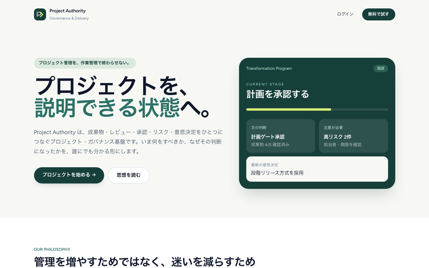 Project Authorityのトップ画面。プロジェクトの現在地、承認、リスク、意思決定をまとめた画面を表示しています